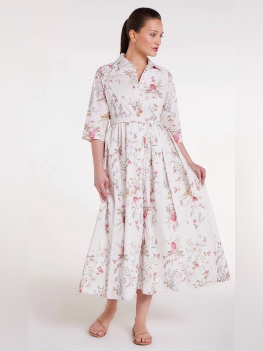 Hermoza White Floral Cotton Francesca Shirt Dress in White Meadow NWT Medium